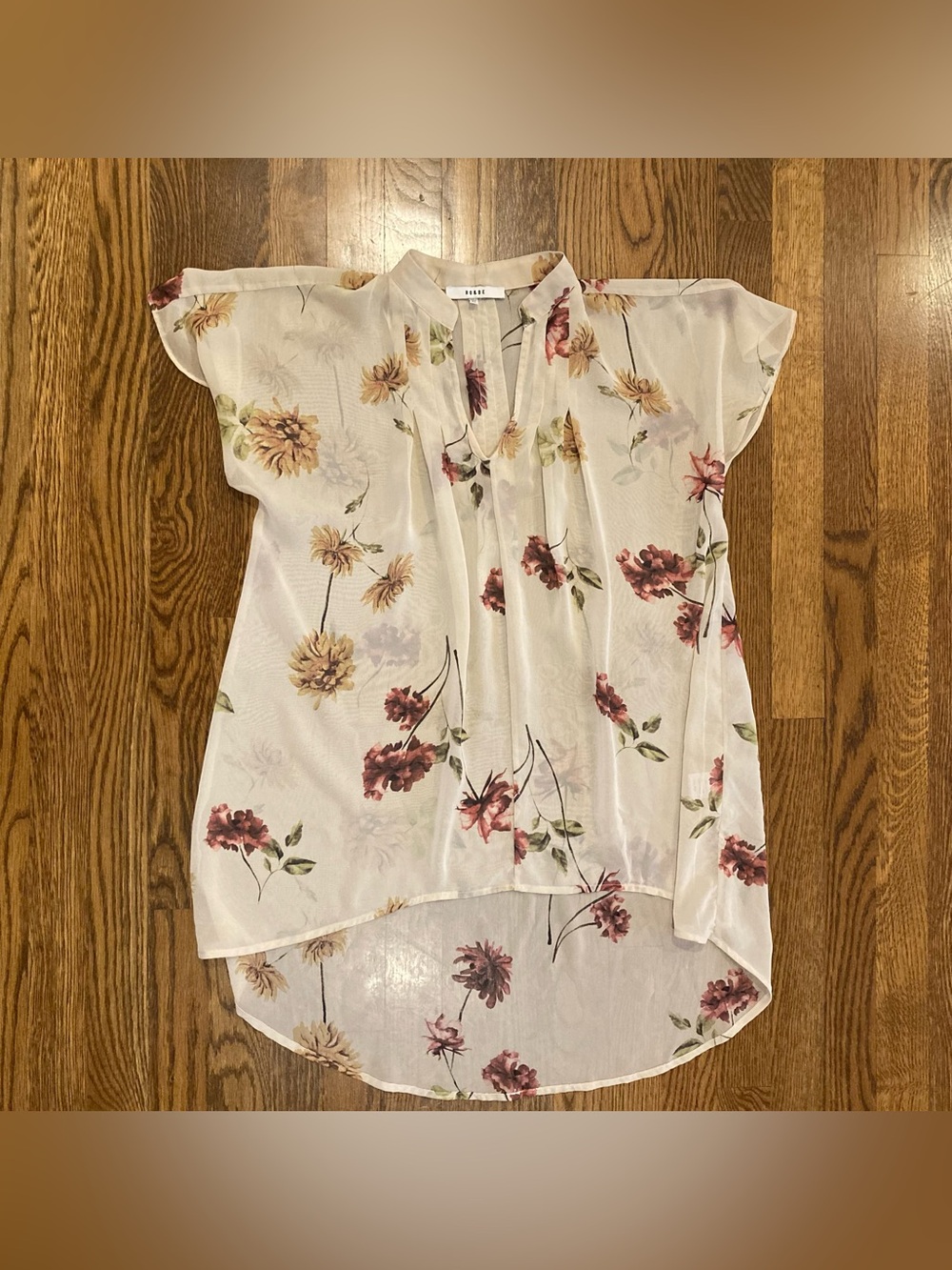 Ro & De Sheer White Floral Blouse with Pink and Yellow Blooms